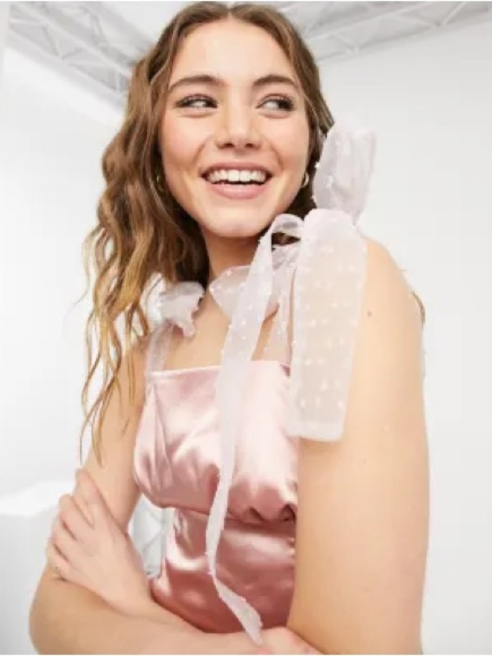 Pink Satin Tie-Shoulder Bow Top NWT